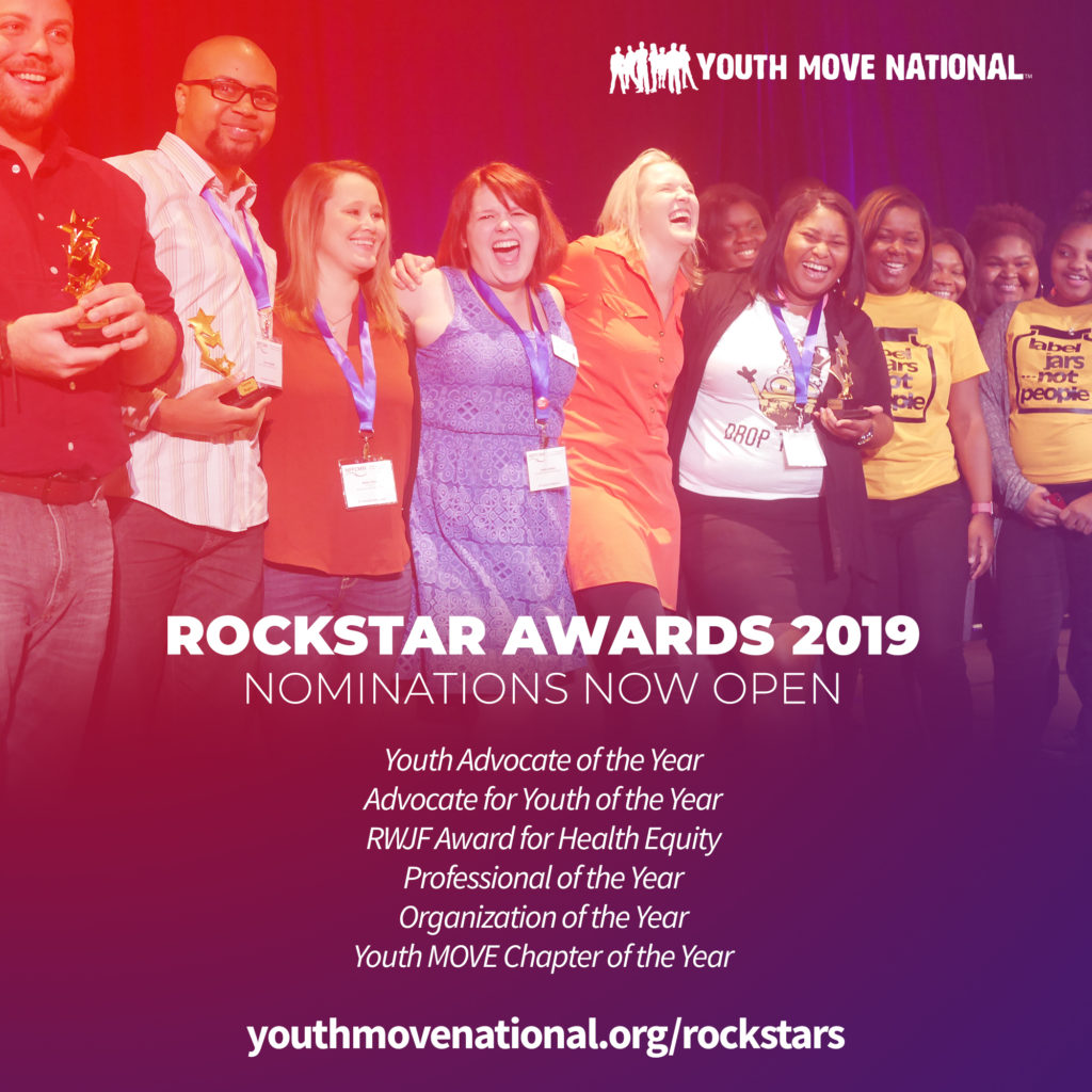 Rockstar Awards 2019 - Group of awarded youth smiling on stage. Nominations now open.